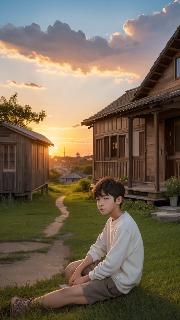 High resolution, accurate, High-resolution model, high quality, Anatomically correct, 最high quality, Ghibli-style colors, A boy who lives in a small town、sitting alone in the sunset, In the background an old house and tree々I can see