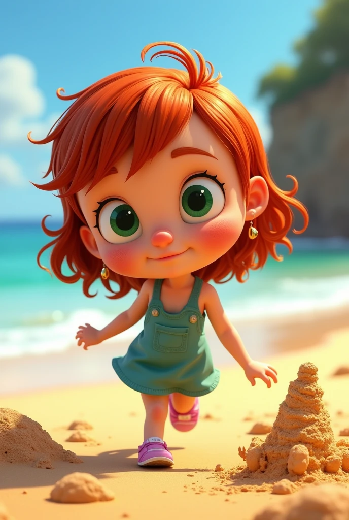 Lucy wilde from despicable me as a 5 year old girl at the beach
(Middle to long slightly curly red hair with small bangs. Green eyes and slight freckles. big spiky nose.)