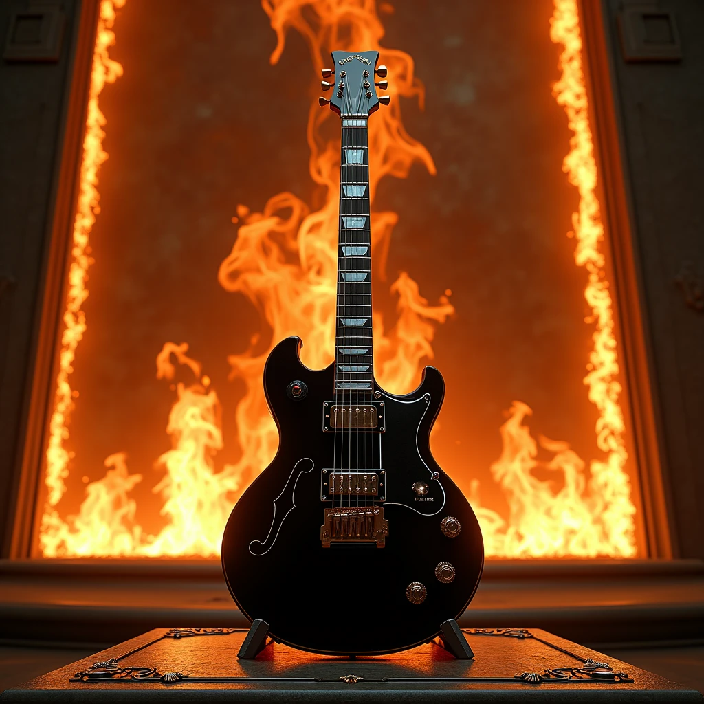 Les Paul electric guitar, Glossy black with white, perfect proportions: 1,5, standing on an altar, a long wall of fire in the background, fire on the sides of the guitar. close up view. realistic art style.