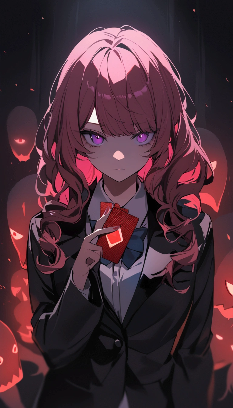 A girl with red curly hair, light purple eyes, beautiful eyes, white school uniform, Black cloak, black blazer, holding 5 red cards, grining , dark background, dark atmosphere, ghost 