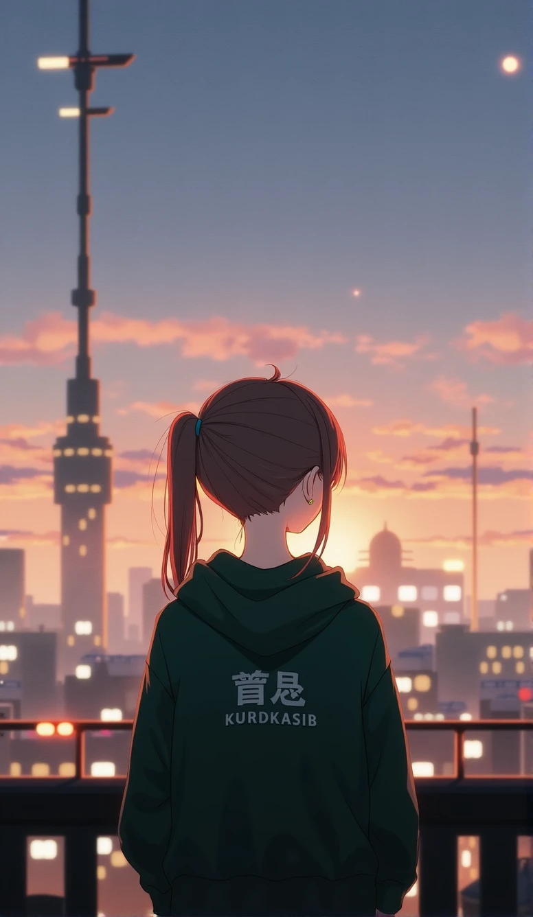 A girl,Brown side ponytail,Green eyes,Double,另A girl,Brown side ponytail,Blue Eyes,Sweatshirt,Back to Back,Bow your head,look up,Sunset,Distant city,Movie lighting,Second dimension style