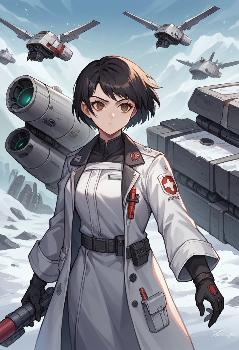 Science Fiction,Sci-Fi Movies,Artillery,Long-Range Missiles,Based on the Movie Foundation ,Woman,Adult,Protagonist,28 years old,hopeful face,brown eyes,short hairstyle,black hair with white gray,scientist uniform,white researcher coat,open meadow,rebel,chaotic,future world,world of socialism,snow,chaos Desi sexy girl