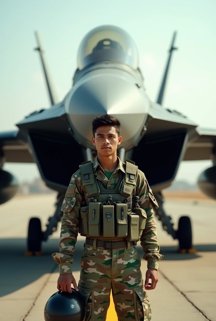 A young indian para commando captain standing on the runway side of the fighter jet is standing adn the soldier has the fighter jet helmet on his right side lap
And "Praful kumar" is written in background of the sky.
