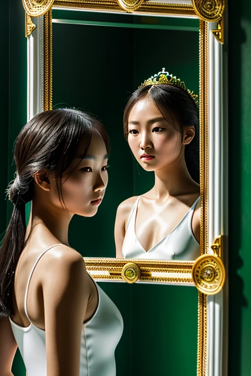 A beautiful Mongolian girl in a white leotard, looking at her own reflection in a mirror, detailed facial features, porcelain skin, mesmerizing eyes, ethereal lighting, ornate Mongolian jewelry, lush green garden backdrop, photorealistic, masterpiece, 8k, dramatic contrast, cinematic composition, chiaroscuro lighting, dreamlike atmosphere, elegant, timeless, intricate details