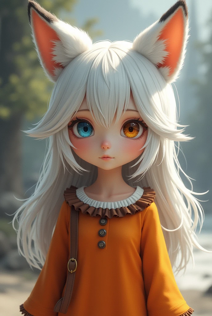 realistic capture of A with Canadian features with white hair and white fox ears, one blue eye and one brown eye
with a simple orange dress with brown frills