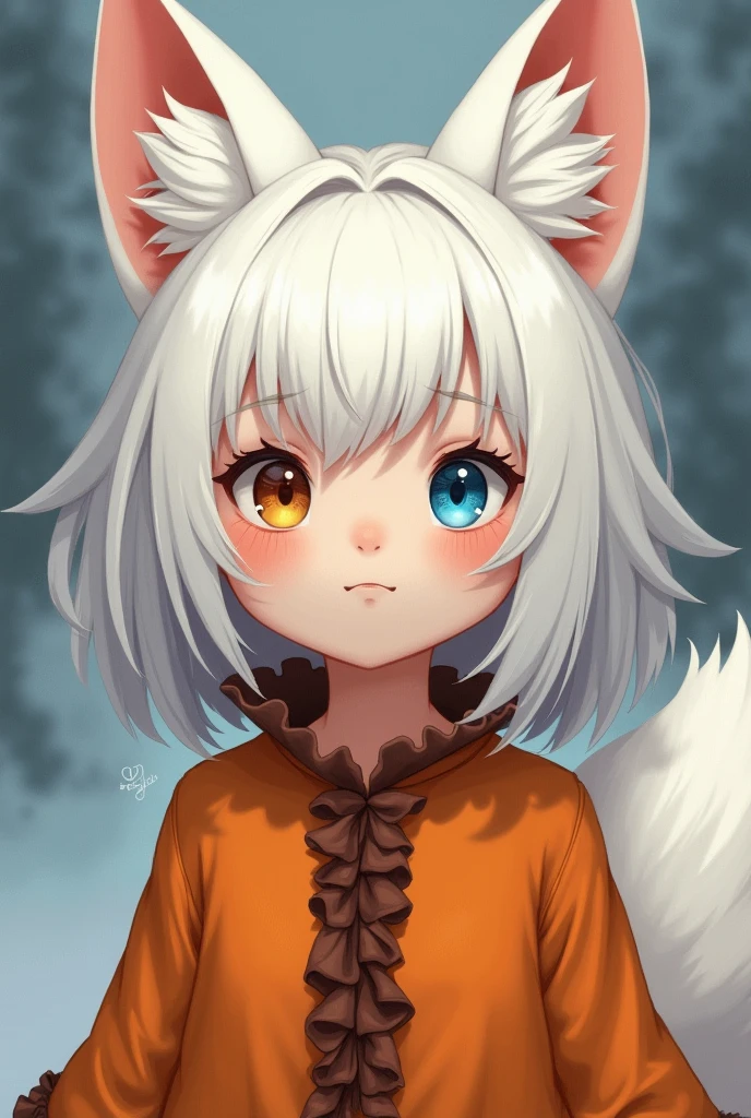 realistic capture of A  with Canadian features with white hair and white fox ears, one blue eye and one brown eye
with a simple orange dress with brown frills
