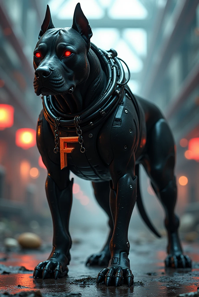 Create a Black Robot Pitbull with a Collar and Pendant with the Letter F