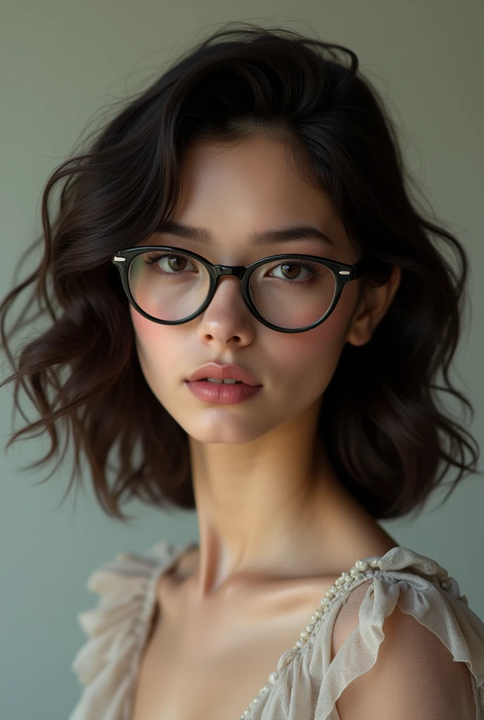 Create a photo of a girl's face with curly brown hair, her hair color is black, his dark brown eyes, skinny, with glasses