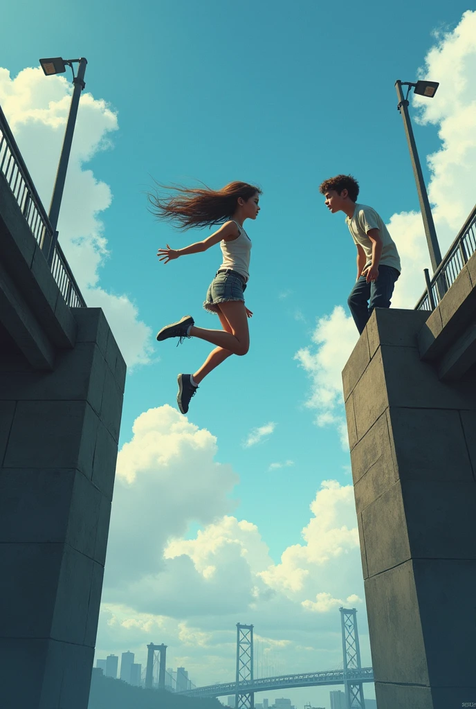 A girl is jumping of the bridge and thats when whe saw Boy and their eyes met