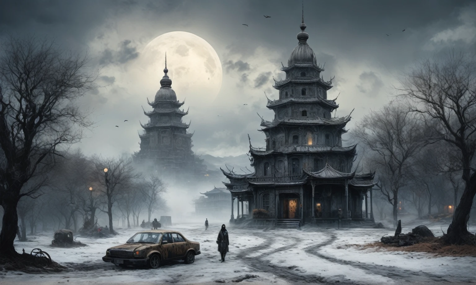 insane USSR ,pinhead, camouflage Rusty, Ambient in a meteorite ,graphite witch after a psychiatric clinic,winter,intricate landscape,slate grey atmosphere,film grain,faded,eyes extremely detailed,another world,ring of truth,view from height,once pretty face,eyebrow up,full body shot,ominous landscape, Simon Stalenhag,Nicola Samori,full body shot,beggar paladium The Alien Entity,Technicolor,natural skin textures, hyper realism, hyper detailed,Extremely detailed,High contrast,Masterpiece,Realistic,Ultra Detailed, intricate details,realistic humid leather,extremly intricate,Epic Realistic, cinematic style,irina yermolova,high contrast,hdr,extremely detailed, deep night landscape,masterpiece,intricate details,faded,eyes extremely detailed, high detailed eyes,8k resolution,RAW,retina, Nikon Z9,China,Guangxi Zhuang of China,tkt style,ears perfect, transition between two art styles, Ink painting to photorealism, Double contact, X-ray, Creative, vivid light, masterpiece, fantasy, Abstract Surrealism, super detailed, high resolution, stop:35;Her skin is pale, almost translucent,ancient rock,a hot air soars through the layers of clouds, revealing a colossal and enigmatic cityscape nestled within. The buildings in this ethereal city are adorned with intricate details and exude an aura of mystery. Above the cityscape, lend an enchanting touch to the scene. steampunk. The intricate mechanics create a sense of wonder and fascination, as if stepping into a dreamlike realism