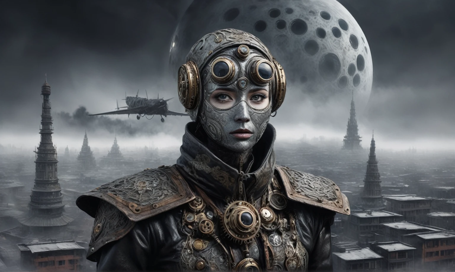 insane USSR ,pinhead, camouflage Rusty, Ambient in a meteorite ,graphite witch after a psychiatric clinic,winter,intricate landscape,slate grey atmosphere,film grain,faded,eyes extremely detailed,another world,ring of truth,view from height,once pretty face,eyebrow up,full body shot,ominous landscape, Simon Stalenhag,Nicola Samori,full body shot,beggar paladium The Alien Entity,Technicolor,natural skin textures, hyper realism, hyper detailed,Extremely detailed,High contrast,Masterpiece,Realistic,Ultra Detailed, intricate details,realistic humid leather,extremly intricate,Epic Realistic, cinematic style,irina yermolova,high contrast,hdr,extremely detailed, deep night landscape,masterpiece,intricate details,faded,eyes extremely detailed, high detailed eyes,8k resolution,RAW,retina, Nikon Z9,China,Guangxi Zhuang of China,tkt style,ears perfect, transition between two art styles, Ink painting to photorealism, Double contact, X-ray, Creative, vivid light, masterpiece, fantasy, Abstract Surrealism, super detailed, high resolution, stop:35;Her skin is pale, almost translucent,ancient rock,a hot air soars through the layers of clouds, revealing a colossal and enigmatic cityscape nestled within. The buildings in this ethereal city are adorned with intricate details and exude an aura of mystery. Above the cityscape, lend an enchanting touch to the scene. steampunk. The intricate mechanics create a sense of wonder and fascination, as if stepping into a dreamlike realism