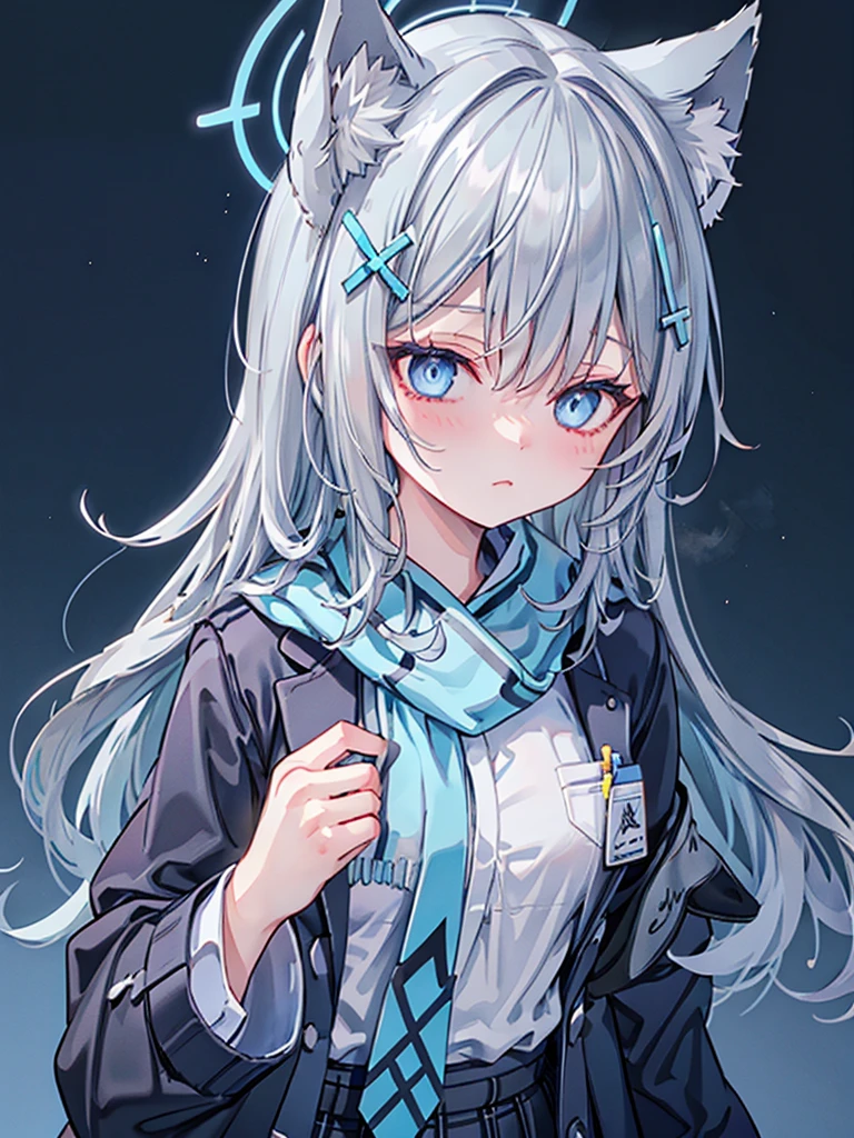 shiroko \(blue archive\), shiroko, animal ears, blue eyes, grey hair, hair ornament, hairpin, medium hair, wolf ears, upper body, no background, no expression, expressionless