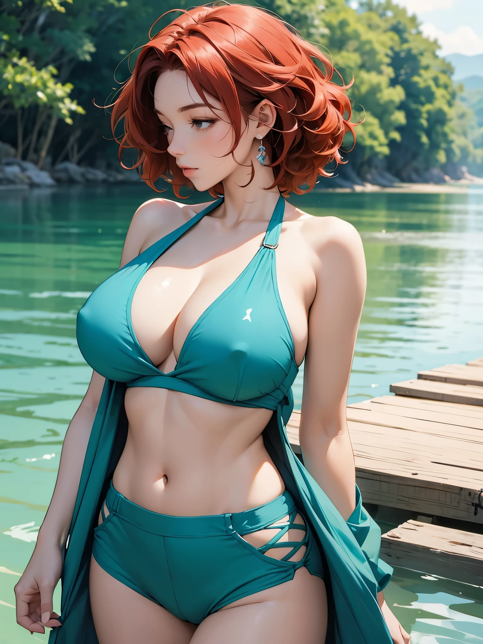 A serene Western woman with short, curly red hair, peaceful meditation. wearing a teal tankini. huge boobs. she is walking