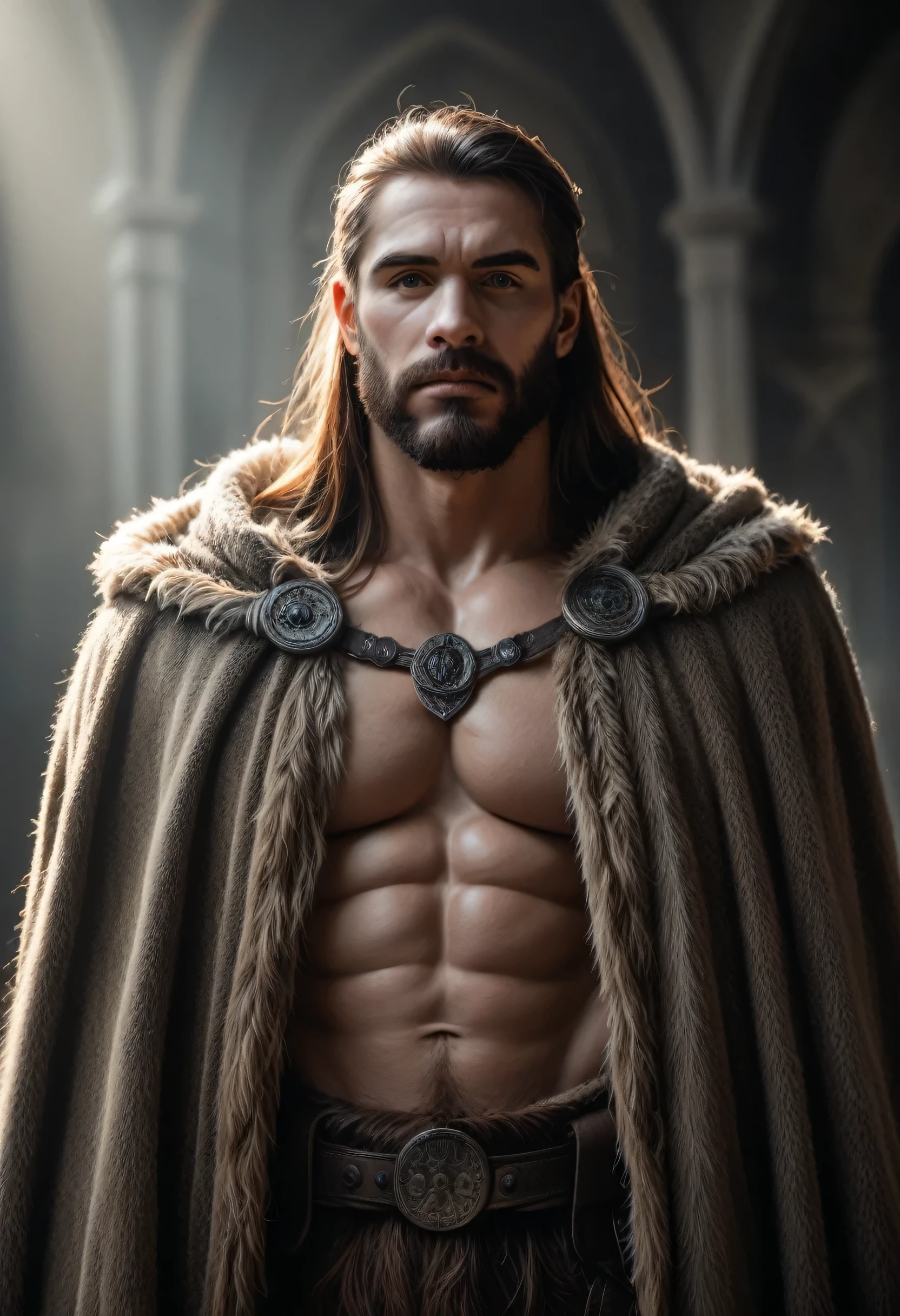 a rugged viking warrior, detailed beard, piercing eyes, muscular physique, fur cloak, holding battleaxe, dramatic lighting, epic fantasy scene, cinematic composition, unreal engine, 8k uhd, hyper detailed, photorealistic, intricate textures