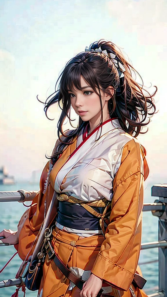 Only one woman,Pretty woman with a bow、((Pure white background))、（ride a horse), (Pull the string to its limit) , (Orange Kimono) , Chest protector,headband, Long black hair, (Masterpiece Top quality:1.2) Delicate illustrations, Very detailed, (Galloping Horse), (Realistic Horses) , Pasture, Japan, noon