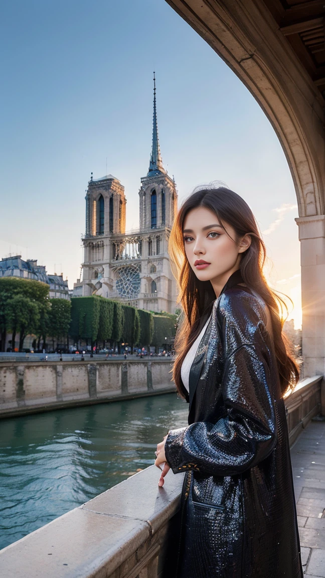 High resolution professional photos of beautiful professional models, Parisian fashion model with Notre Dame in the background, Wear it this season'The hottest fashion trends, High fashion and colorful designs from various designers. That setting: It's luxurious and modern.., With nature, The bright lights make the colors of the costumes and models stand out even more..'Enchanting presence.