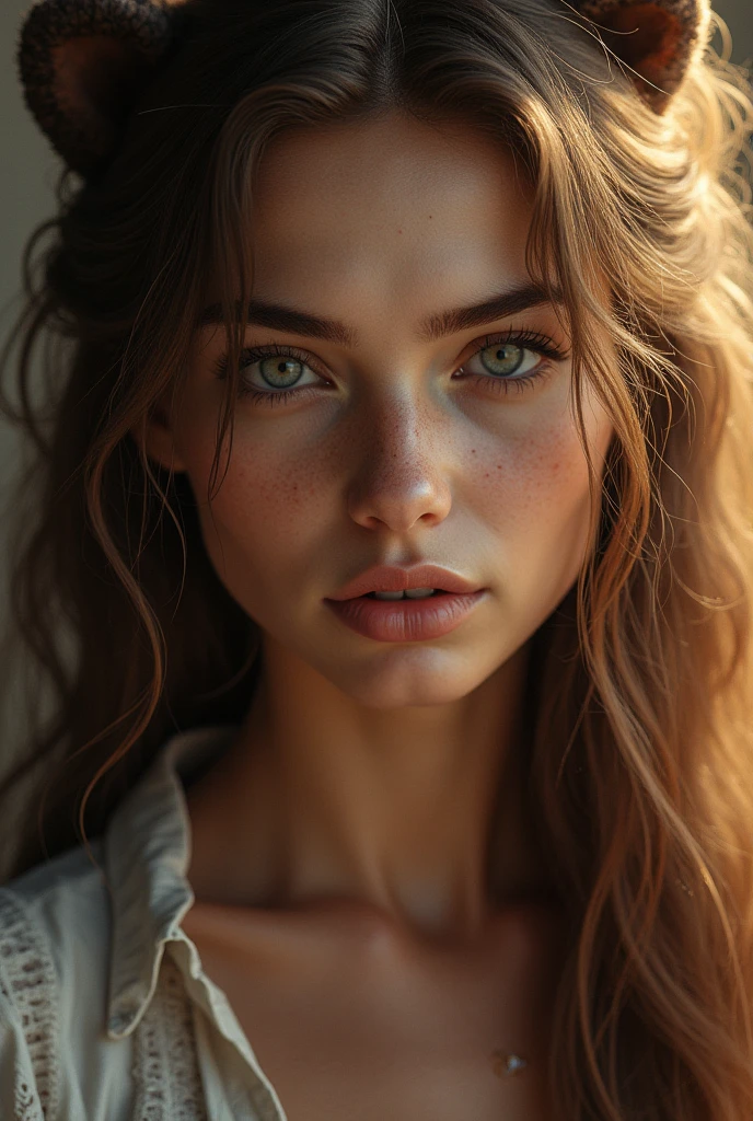 Ultra Detailed Beautiful Girl, with Fierce Lioness, Cinematic, Cinematic Light, Realistic, 3d Rendering, Highly Detailed Face, Highly Detailed, Realistic Appearance, Lifelike, Realistic Girl, Highly Detailed Hair