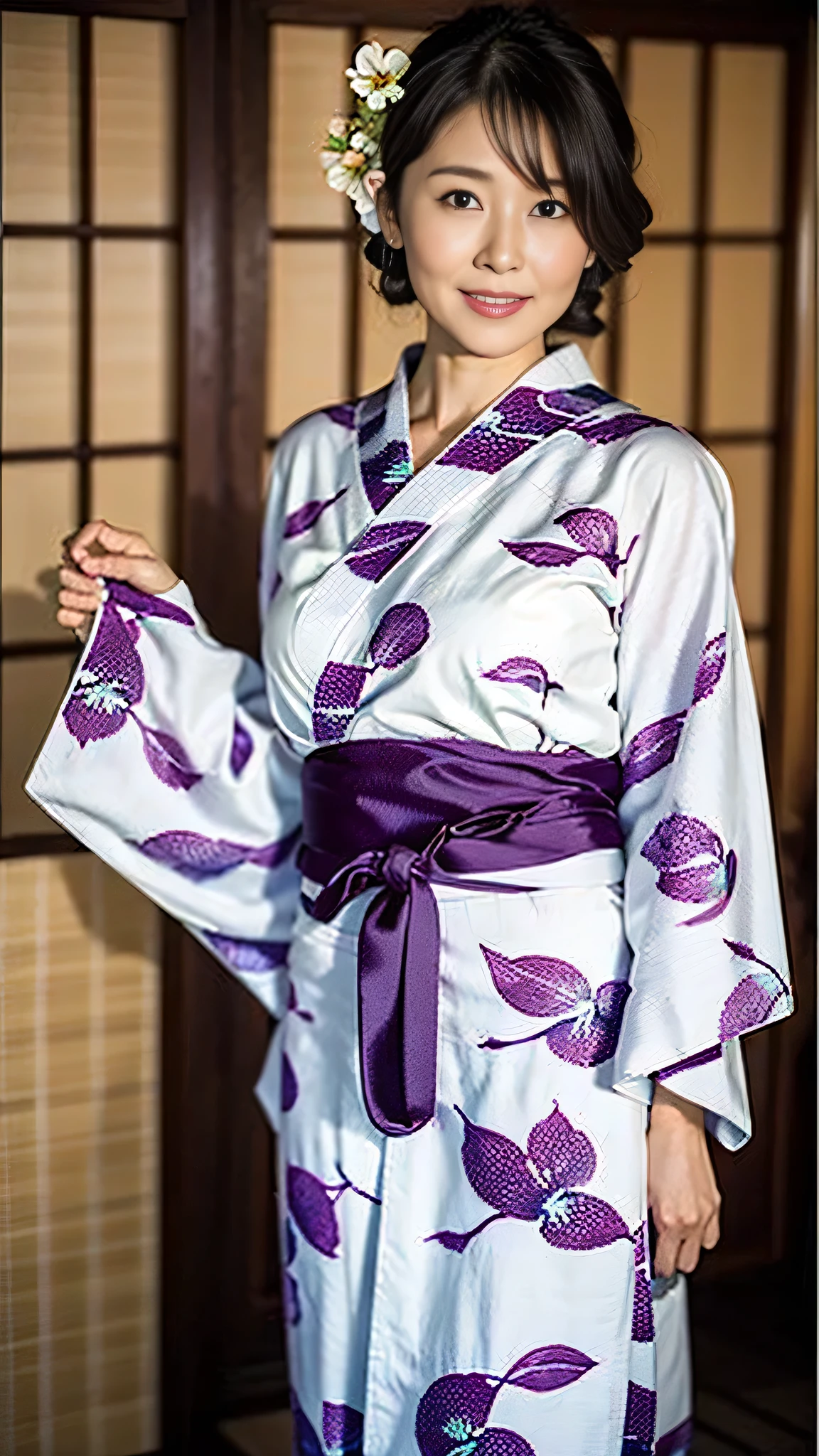 38 years old, a Beautiful Japanese woman, masterpiece, best quality, High resolution,(flower pattern yukata:1.25),(plum lips), regular body shape, portrait
