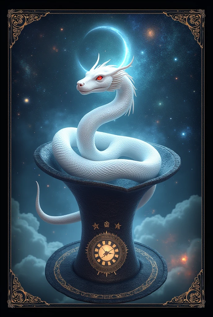 a magical white snake in a witch's hat, surrounded by symbols of magic and the cosmos, hat, no people, witch's hat, animal, animal focus, border, crescent moon, magic circle, black border, clock, red eyes, ultra-realistic, hyper-detailed, 32k uhd,hyper-detailed,ultra-realistic, 8k,(Background Universe and Galaxy) (Background Magic Galaxy and Magic Universe, A lot of stars in the sky dark) Divine Serpent
