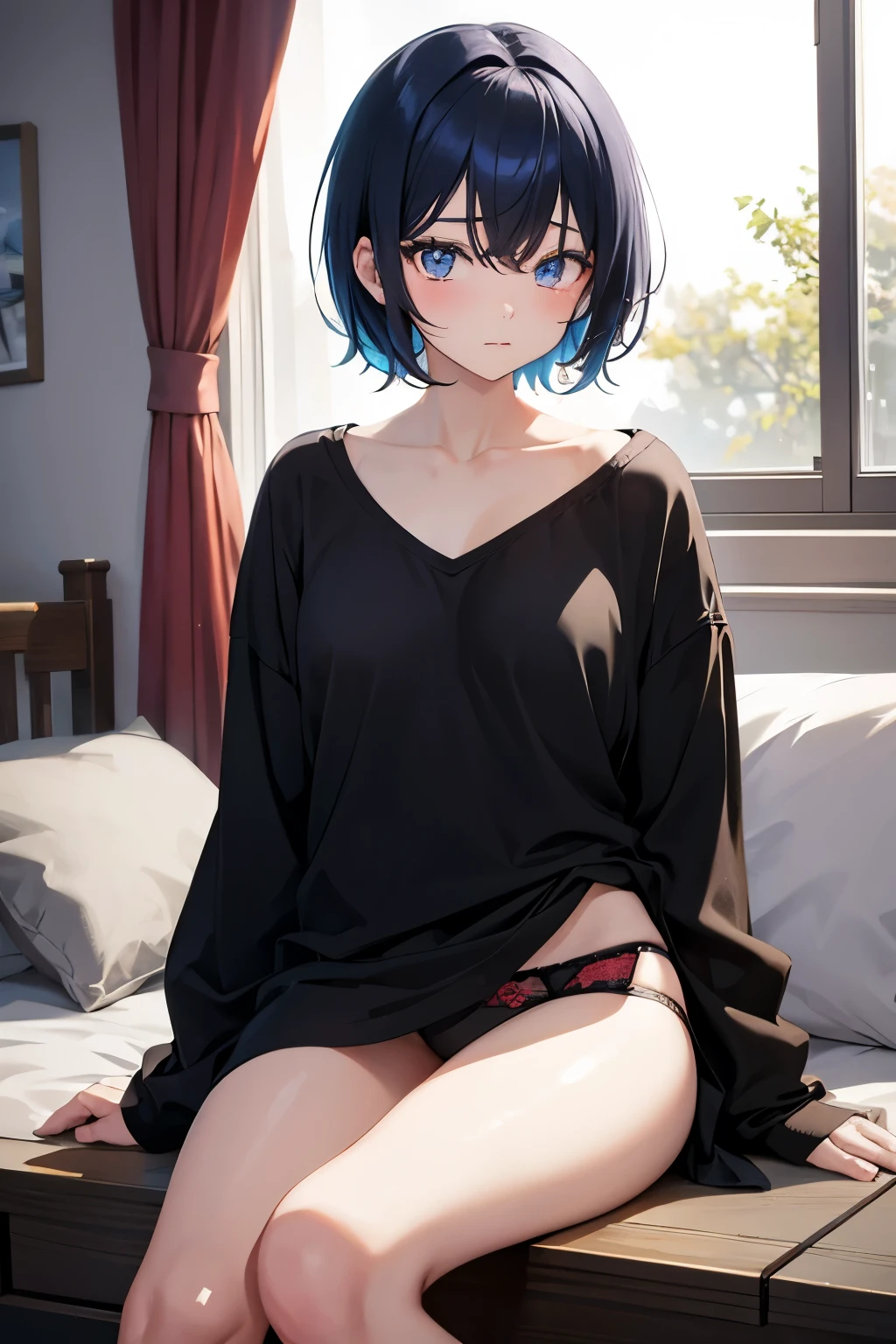 An anime girl with black and blue hair wearing loose clothing, anime girl with short hair, (anime girl), (anime girl), pretty, attractive, cute anime girl, visible underwear, anime girl with loose clothing and visible lingerie, red and black underwear, shy anime, anime girl in relaxed pose, sitting, sleepy anime girl