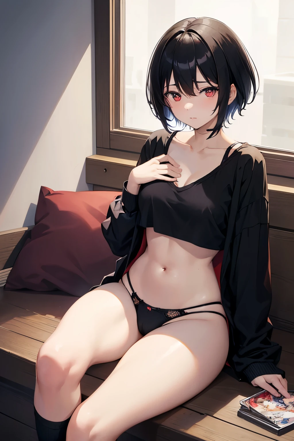 An anime girl with black hair wearing loose clothes, anime girl with short hair, (anime girl), (anime girl), pretty, attractive, cute anime girl, visible underwear, anime girl with loose clothes and visible lingerie, red and black underwear, shy anime, anime girl in relaxed pose, sitting, sleepy anime girl