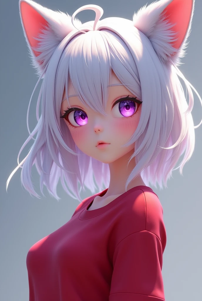 1 Girl, Medium Tits, Starry Eyes, (8k, RAW Photo, High Sensitivity, Best Quality, Masterpiece, Ultra High Resolution, Realism: 1.25), Blush, (Very Detailed CG Unity 8k Wallpaper, Best Quality, High Resolution: 1.2), (ultra_detailed, UHD: 1.2), Perfect Lighting, Unique, (1 Girl: 1.4), (Pretty Girl: 1.2), Unreal Engine, Side Light, White Hair, Fox Ears, Purple Eyes, Perfect Face, Detailed Face, Perfect Body, Beautiful Eyes, Beautiful Face, (Bright Skin: 1.4), Idol, (Full Body), Red T-shirt, Transparent,
