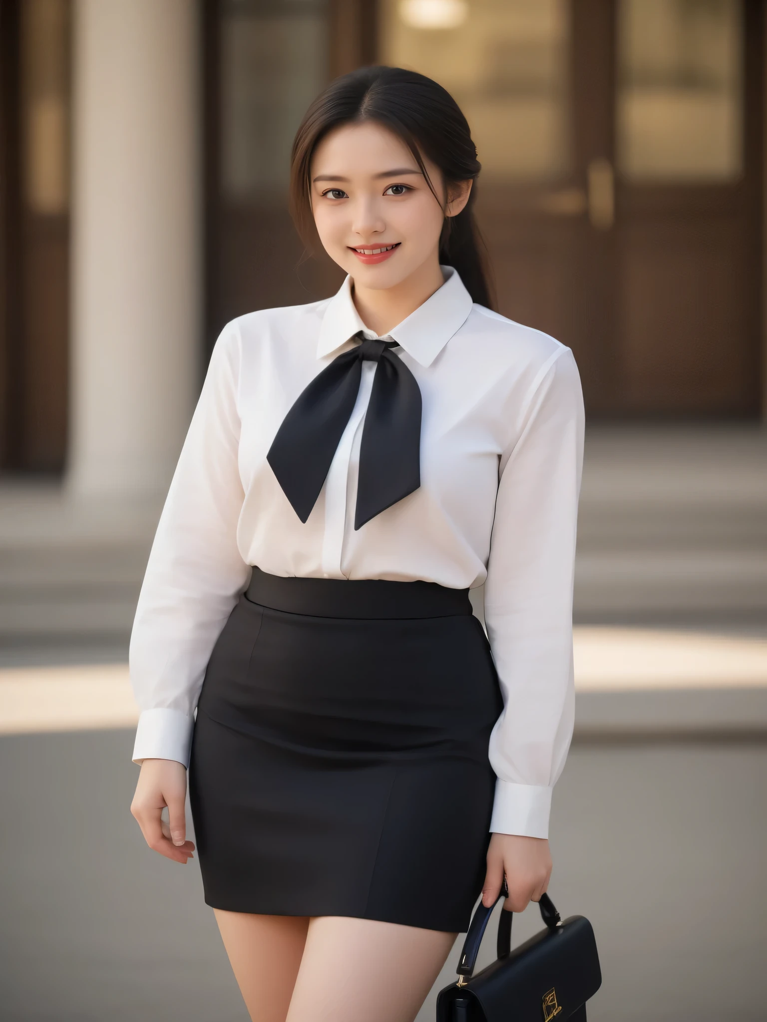 1 girl, high resolution, precise, details, high resolutionสุด, realistic textures, shill, long hair, black hair, Tie your hair, big breasts, smile, simple background, เลนส์ Sony FE, F1 aperture.2, decorations, decorationsผม, การถ่ายmovies, movies, 