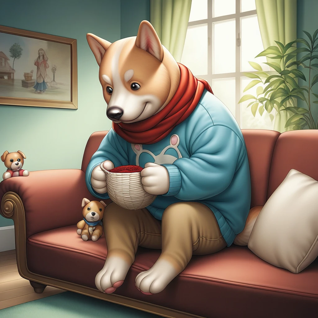 A cozy and nostalgic scene featuring a corgi dog sitting on a couch, wearing a blue sweater with white patterns, knitting a red scarf. The dog is in a well-decorated living room filled with various plush toys, including characters from classic video games and anime. A vintage CRT television is in front of the dog, playing a retro video game with bright colors. The room is warmly lit by natural sunlight coming through the window, with framed anime posters hanging on the wall in the background. The overall atmosphere is cute, charming, and reminiscent of the 1980s or 1990s.
