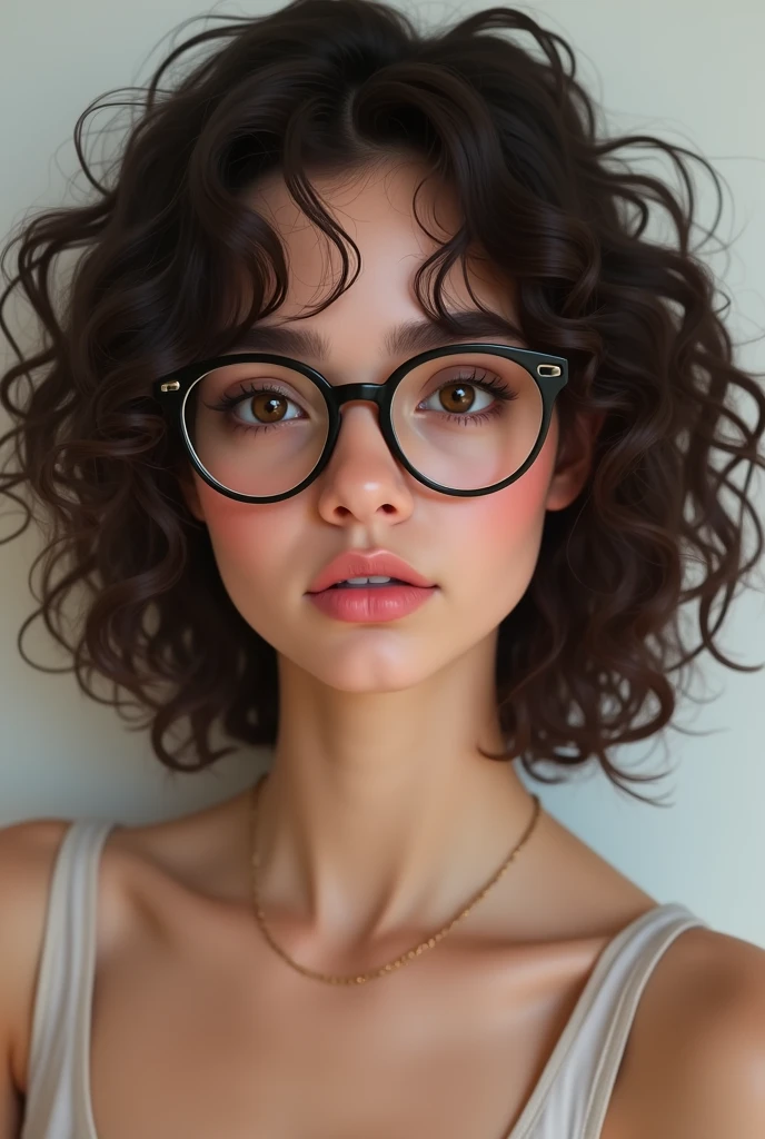 Create a selfie of a girl&#39;s face with curly brown hair, her hair color is black, his dark brown eyes, skinny, with glasses with a realistic style