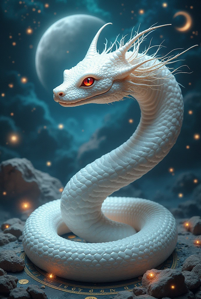 a magical white snake in a witch's hat, surrounded by symbols of magic and the cosmos, hat, no people, witch's hat, animal, animal focus, border, crescent moon, magic circle, black border, clock, red eyes, ultra-realistic, hyper-detailed, 32k uhd,hyper-detailed,ultra-realistic, 8k,(Background Universe and Galaxy) (Background Magic Galaxy and Magic Universe, A lot of stars in the sky dark)  Divine Serpent