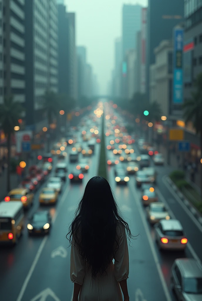 A top view of a woman with long black hair standing on a busy road, looking up