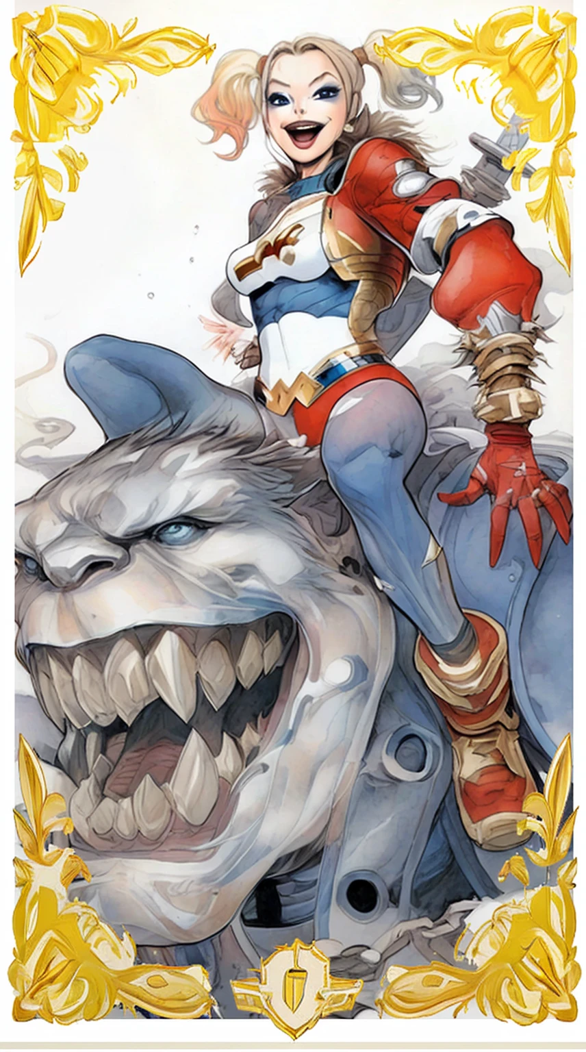 In this gold game card, harley quinn and a man-shark are engaged in a fierce battle on a city street. harley quinn, clad in her iconic red jacket, is captured mid-swing with her sword, while man-shark is seen deflecting the attack. The background reveals a chaotic urban setting with buildings and debris, adding to the intensity of their attack., unreal engine, greg rutkowski, loish, rhads, beeple, makoto shinkai and lois van baarle, ilya kuvshinov, rossdraws, tom bagshaw, alphonse mucha, global illumination, detailed and intricate environment