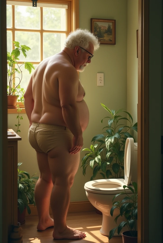 (photorealism:1.2), unclothed and uncovered, cute, chubby, middle-aged, white hair, man, standing in bathroom, urinating in toilet, indoors, soft lighting, plants in background, window with sunlight, cozy room, relaxed loving pose, realistic, intricate details, warm colors, by Greg Rutkowski, by Alphonse Mucha