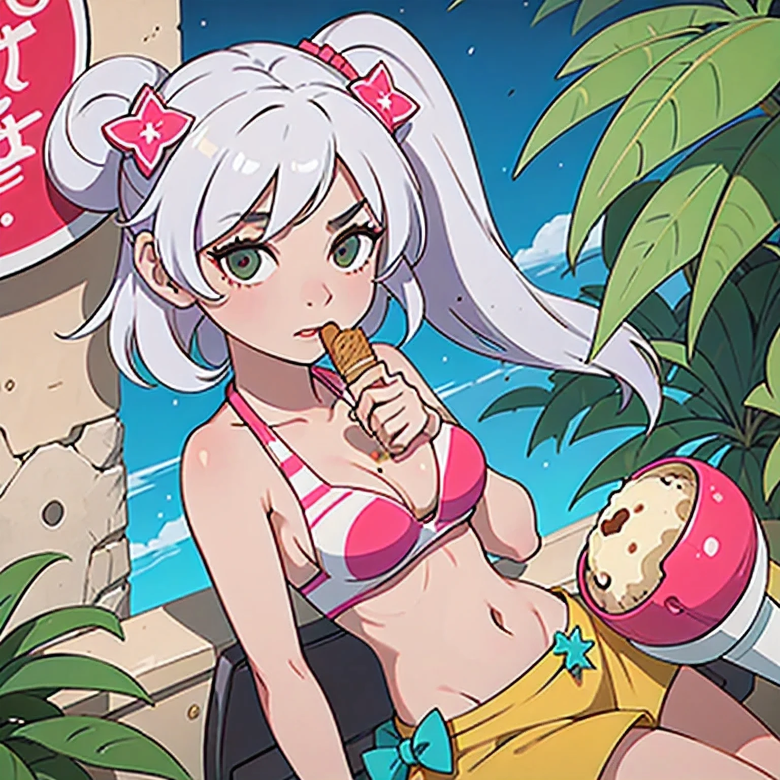 girl in a bikini eating an ice cream cone, eating ice cream, in a bikini, angela white, giorgia meloni, katy perry, in bikini, eating ice - cream, wearing spandex bikini, ice cream on the side, bikini, ice cream, wearing a bikini, candid photo of dirty, shiny plastic bikini, candid shot, cone, 1 girl, solo，in a green dress standing by a wall,portrait of female idol