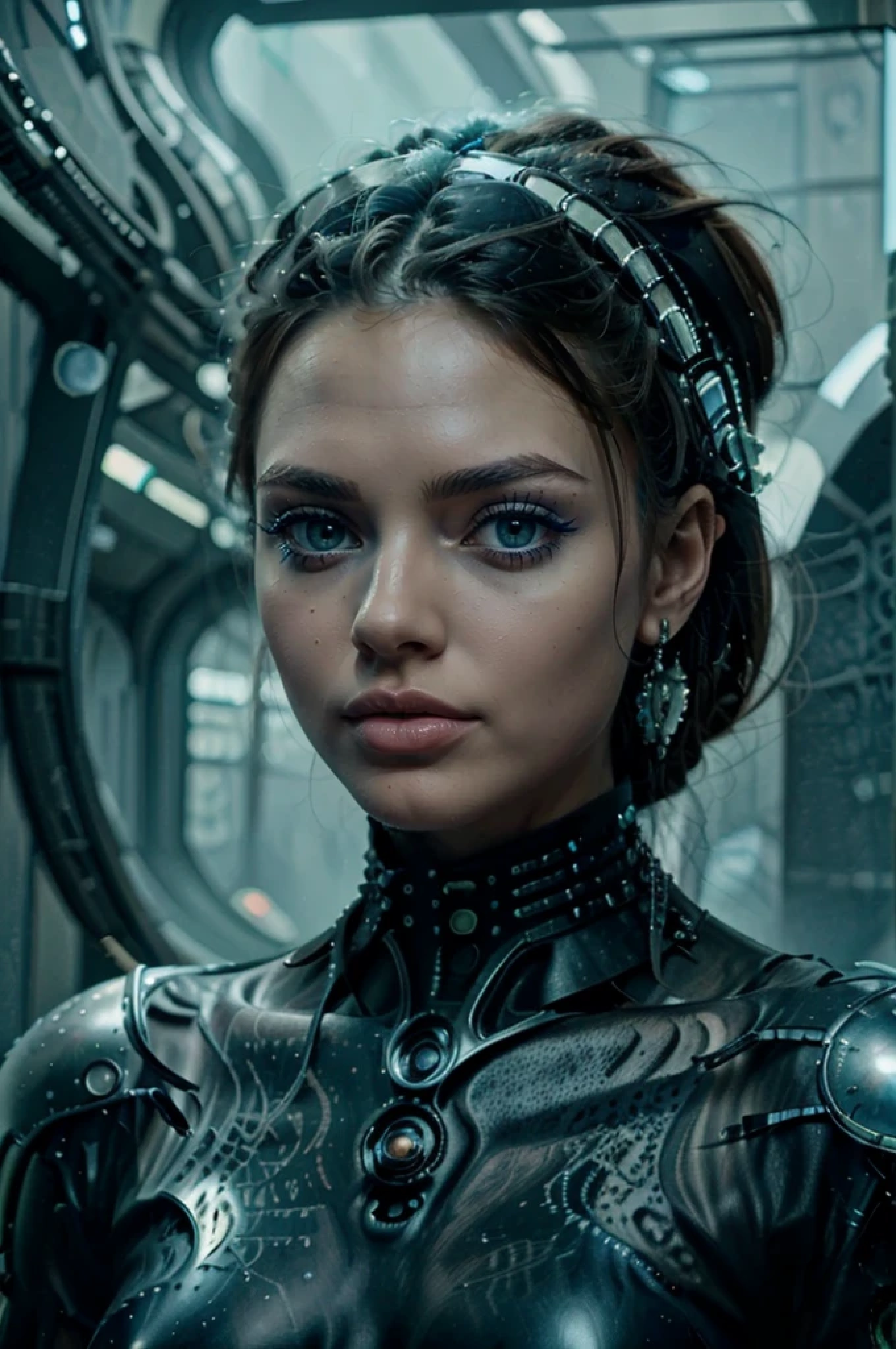 Hyper photo realistic. Higheast quality. Masterpiece. A woman. Hyper realistic human features. Perfect facial features. topless, The woman has biomorphic, futuristic armor, hair composed of interlaced, net like, shapes and forms. (Sharp focused background city of biomorhic orbs.). Include the colors white, turquoise, orange and copper. Vanilla sky. Art by Todd Lockwood, Otto Pilny, Otto Rapp, and Peter Gric. Cgsociety, gothic art, fractalism, fantasy, dystopian art, neo-figurative, vray tracing Trending on zbrush central, fantasy art, zbrush, biomorphic, fractalism. Smooth, sharp focus. A photo realistic, surreal, image of a female that transcends the boundaries of reality and imagination.The image should evoke a sense of wonder and mystery. Porcelain. POV, by lee jeffries, nikon d850, film stock photograph ,4 kodak portra 400 ,camera f1.6 lens ,rich colors ,hyper realistic ,lifelike texture, dramatic lighting , cinestill 800,
