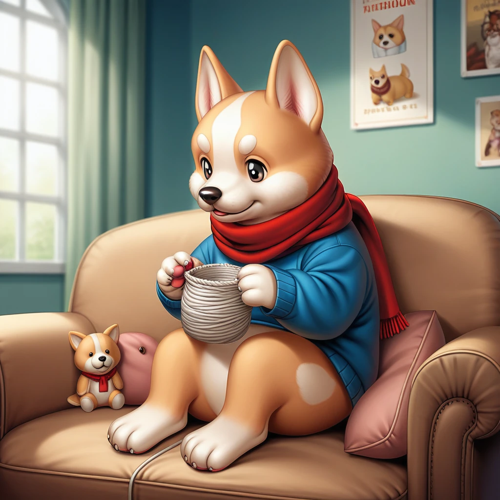 A cozy and nostalgic scene featuring a corgi dog sitting on a couch, wearing a blue sweater with white patterns, knitting a red scarf. The dog is in a well-decorated living room filled with various plush toys, including characters from classic video games and anime. A vintage CRT television is in front of the dog, playing a retro video game with bright colors. The room is warmly lit by natural sunlight coming through the window, with framed anime posters hanging on the wall in the background. The overall atmosphere is cute, charming, and reminiscent of the 1980s or 1990s.
