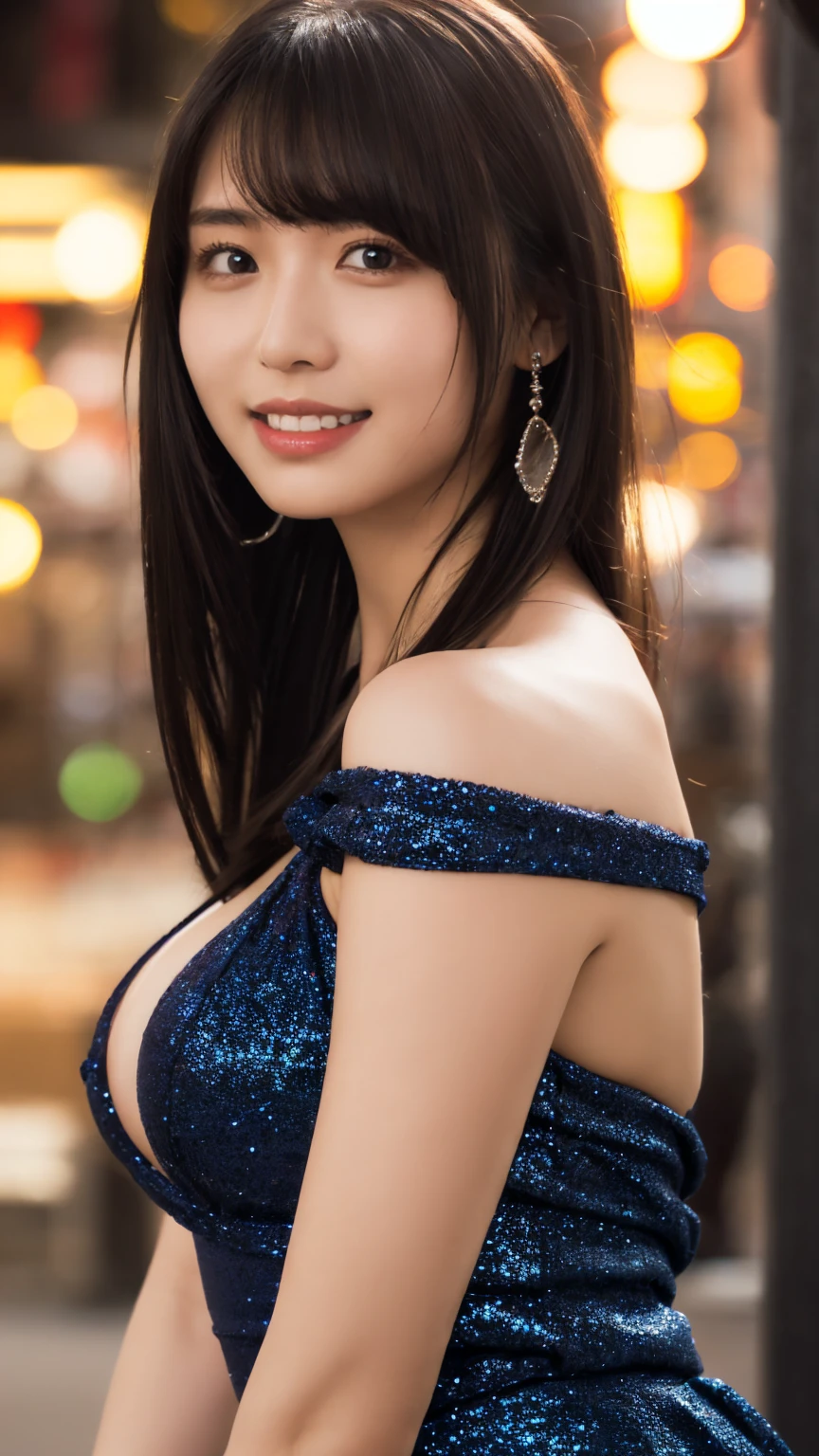 1girl,(wearing a blue glittery evening dress:1.2),(RAW photo, best quality), (realistic, photo-realistic:1.4), masterpiece, an extremely delicate and beautiful, extremely detailed, 2k wallpaper, Amazing, finely detail, extremely detailed CG unity 8k wallpaper, ultra-detailed, highres, soft light, beautiful detailed girl, extremely detailed eyes and face, beautiful detailed nose, beautiful detailed eyes,cinematic lighting,city lights at night,perfect anatomy,slender body,light smile,close up,(long hair with bangs), big breast,open shoulder,NSFW 