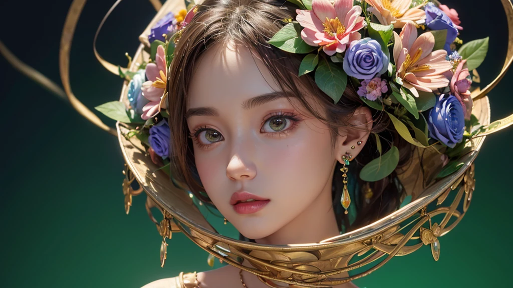 32K, 最高quality, 最高masterpiece, (ultra-Detailed Background, Detailed Background), High resolution, Super detailed, Very detailedな, One girl, (bouquet:1.3), (Tangled:1.2), (Geometric:1.2),(colorful),(masterpiece, quality, best quality, Official Art, Beautiful and beautiful:1.2), (1 girl:1.3), Very detailed,(colorful:1.1)(Flowers:1.3),Most detailed,(Tangled:1.2), whole body, (Abstract background:1.3), (Skin glows), (Many colors:1.4), ,(Earrings Jewelry:1.5), Light green background,