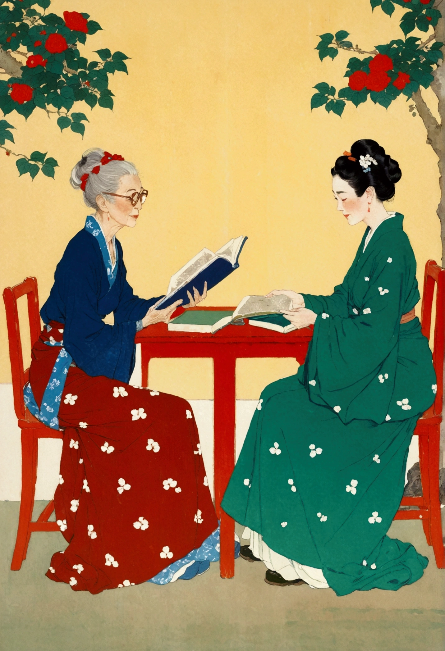 Illustration of two elderly women sitting at the table and reading books, Full color illustrations, Norman Rockwell and James Jean, author：Golden Farmer, norman rockwell akihiko yoshida, author：Nobutada Yanagawa, No gradient, Mei Qing, author：Nil Gleyen, author：Tosa Mitsuaki, author：Yang Borun, by Qu Leilei