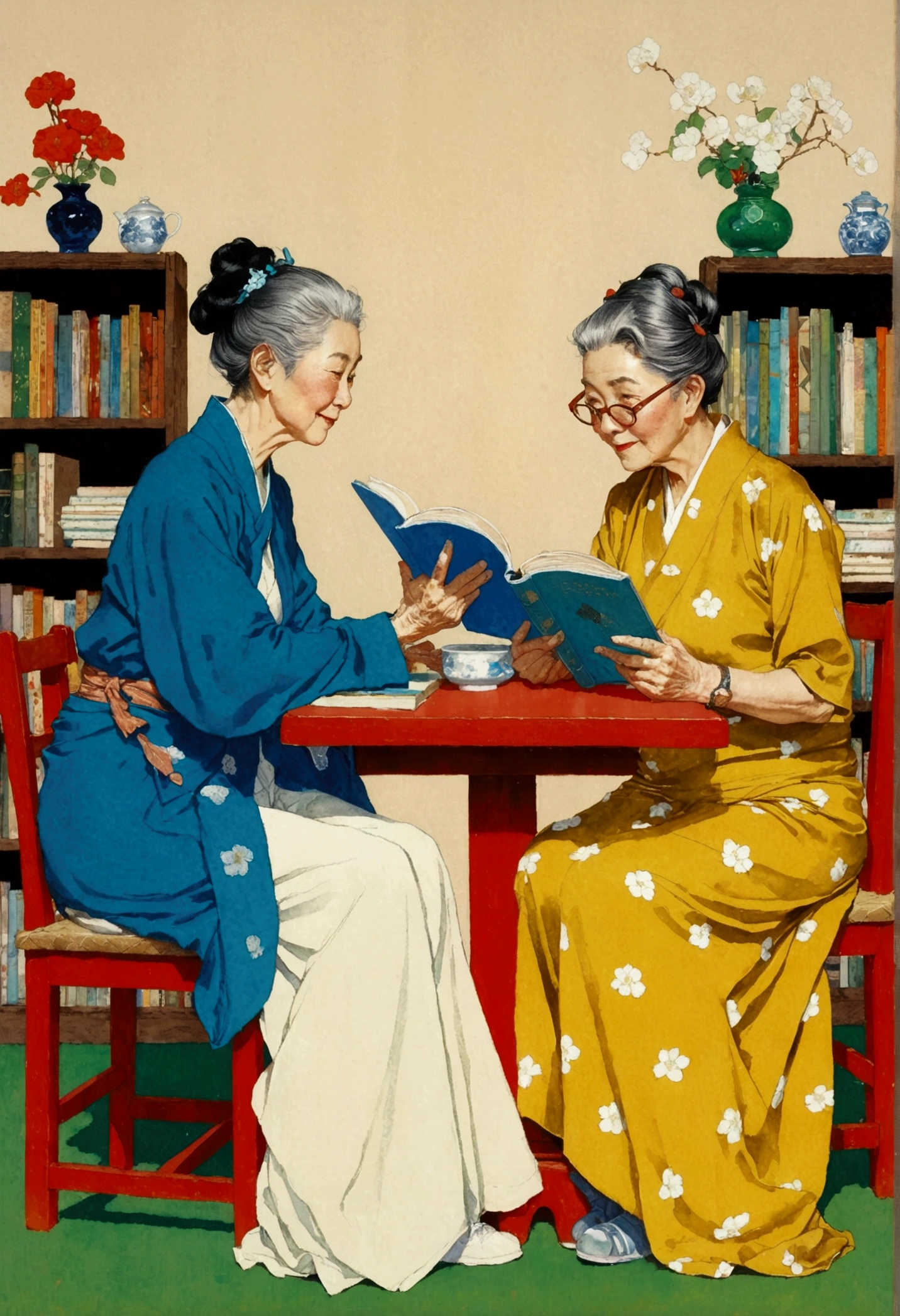 Illustration of two elderly women sitting at the table and reading books, Full color illustrations, Norman Rockwell and James Jean, author：Golden Farmer, norman rockwell akihiko yoshida, author：Nobutada Yanagawa, No gradient, Mei Qing, author：Nil Gleyen, author：Tosa Mitsuaki, author：Yang Borun, by Qu Leilei
