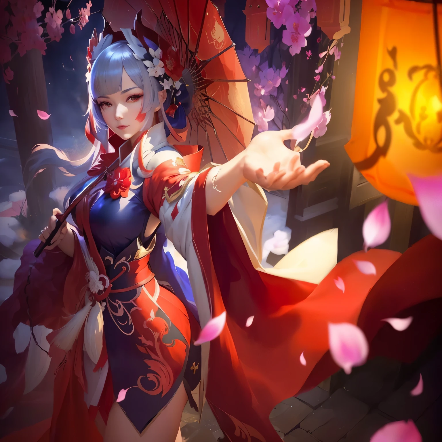 a woman in a red dress holding a lantern and a red umbrella, onmyoji detailed art, onmyoji, kagura mobile legends, style artgerm, kagura game mobile legends, onmyoji portrait, extremely detailed artgerm, style of artgerm, inspired by Pu Hua, trending artgerm, ! dream artgerm