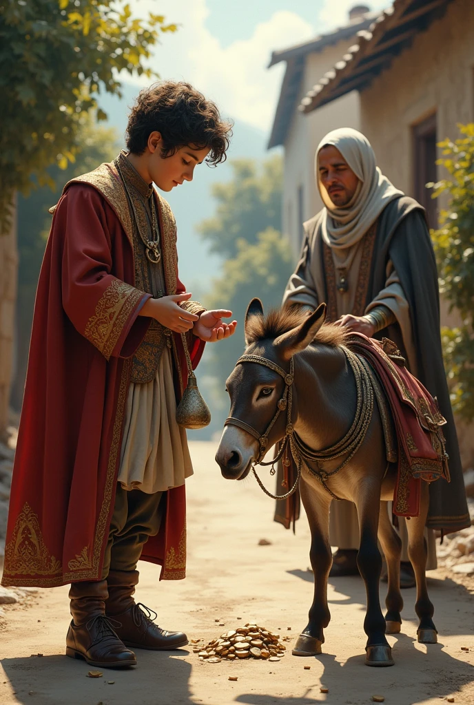 A wealthy boy, dressed in fine clothes, is standing near the weak donkey. The boy is holding a bag of coins, offering them to the cruel owner. The boy looks compassionate, and the donkey appears hopeful. The same road and house are visible in the background, with the sun still shining.