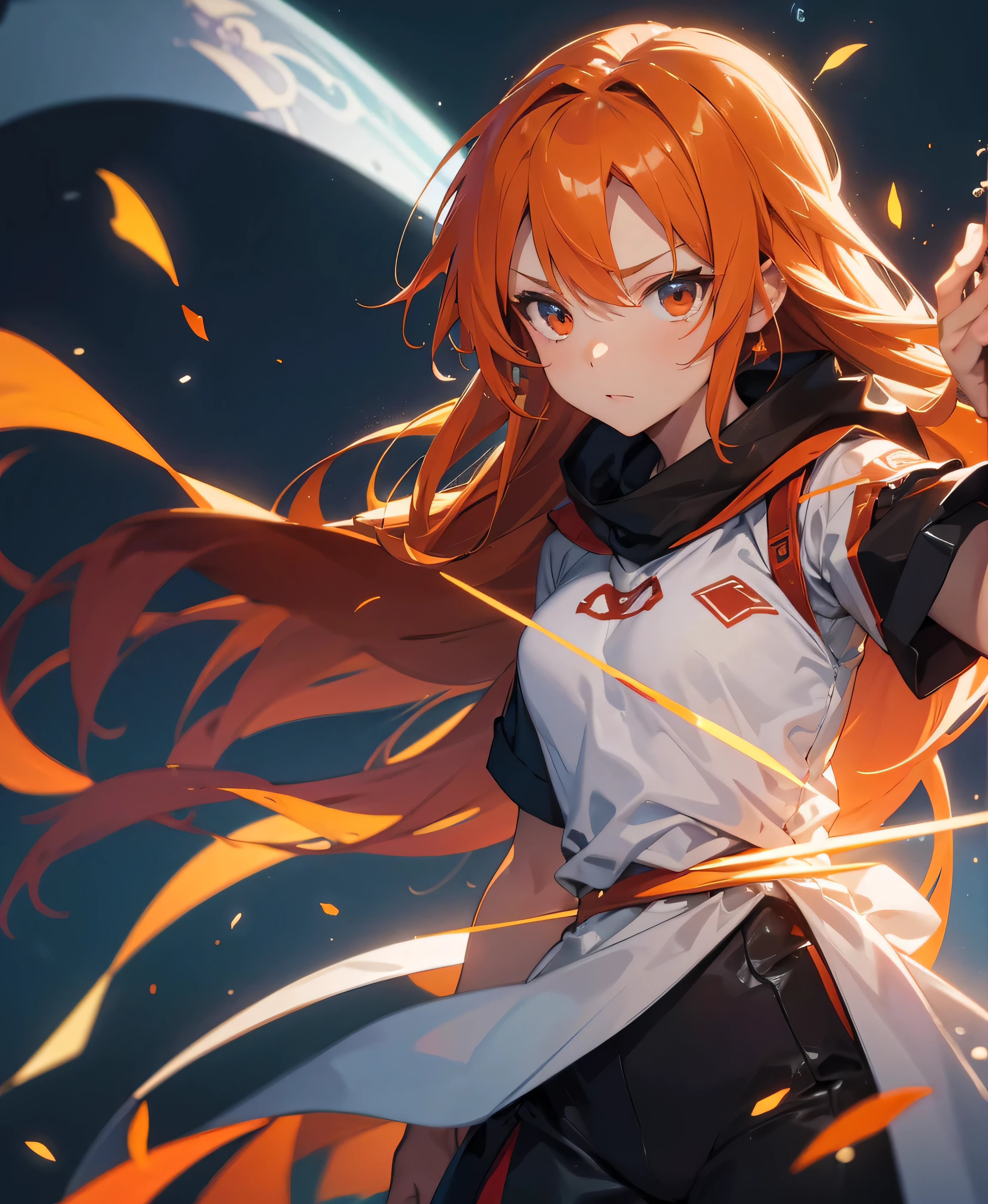 asunayuuki, Orange Hair， With two shining swords, White combat uniform, An adaptation of Sword Art Online, A red stroke simulating the character&#39;s speed, BATTLE MODE, (surreal), {Highly detailed CG unit wallpaper 8k}, Vast landscape photography, (A central vision that prioritizes the whole character, (Viewer-facing view), (Low angle shot), (stand out: 1.5), (Low light: 1.0), (Warm light source: 1.0), Intricate details, (Iridescent colors: 1.5), (Bright lighting), (Atmospheric lighting), Sword Art Online, dream-like, アニメ