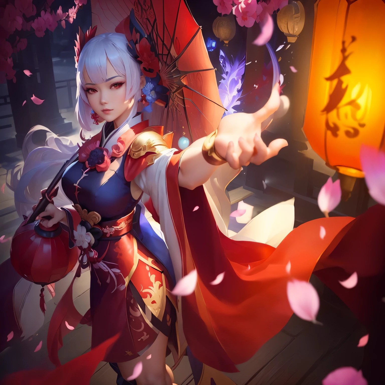 a woman in a red dress holding a lantern and a red umbrella, onmyoji detailed art, onmyoji, kagura mobile legends, style artgerm, kagura game mobile legends, onmyoji portrait, extremely detailed artgerm, style of artgerm, inspired by Pu Hua, trending artgerm, ! dream artgerm