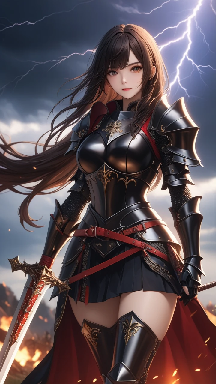 Cowboy Shot、Very beautiful woman、Slender women、(Detailed face)、Realistic Skin、((Demon Knight)), (Black Armor)、((((Black armor with very fine and intricate decoration))))、((Delicate photo))，(Girl Astepeace RAW Photo Details:1.25), (highest quality:1.6), (超A high resolution:1.5), (Realistic:1.75), 8K resolution, Canon EOS R5, 50mm, Absurd, Ultra-detailed,Cinema Lighting,Battlefields of Medieval Europe、((battle))、RPG World、Final Fantasy、(((Embellished skirt)))、Thigh-high socks、Shin Guards、night、((Long hair with bangs,))、Get six-pack、Torn Cloak、Beautiful Armor、(((Giant Sword)))、In combat、The wind is blowing、((Asymmetrical Armor:1.5))、(((thunderstorm)))、((Knight Commander))、(((Leading a large group of black knights)))、Banner、Wolf Pattern:1.5、(((Battle Scene)))、(((Creepy Iron Mask)))