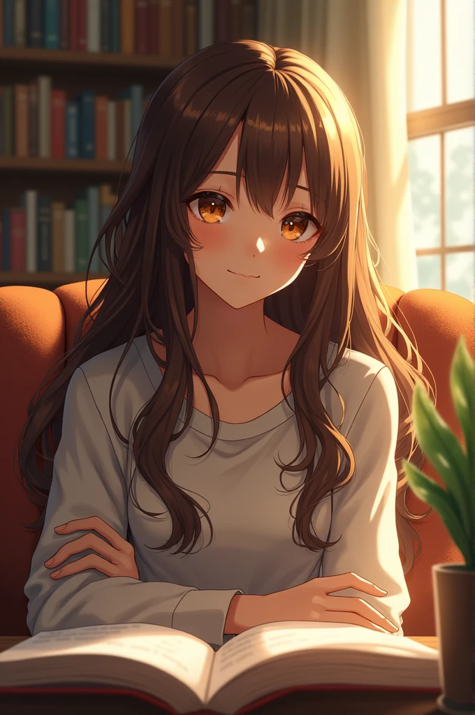 Girl with brown hair and brown eyes inside room