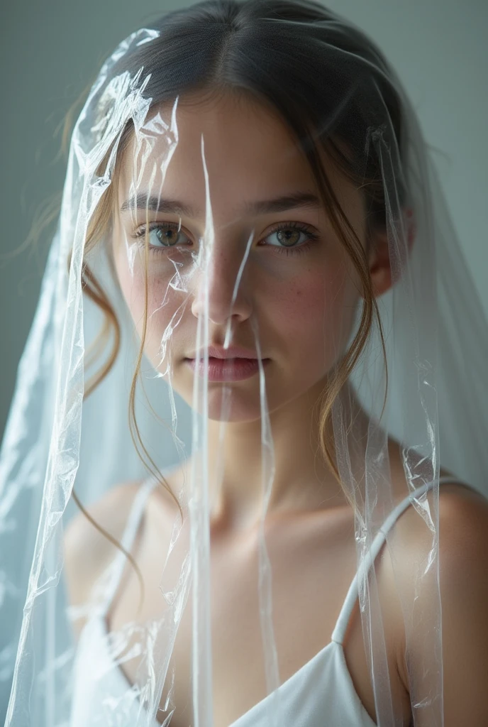 A girl covered in transparent plastic wrap