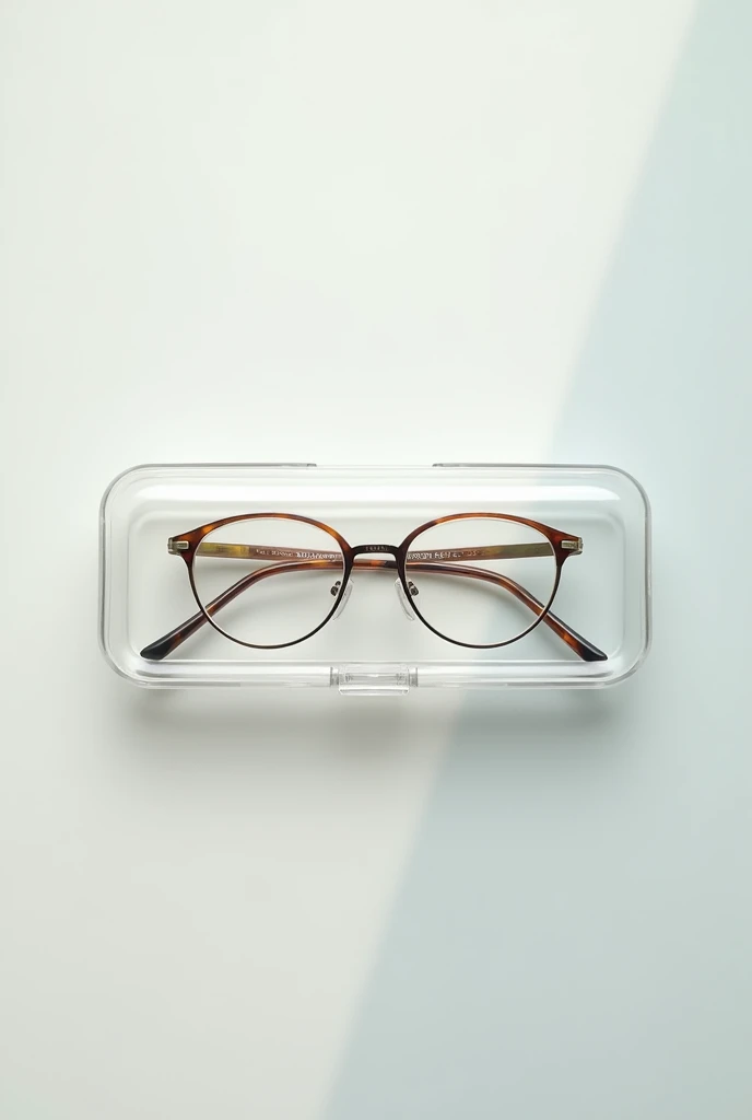 transparent closed eyeglass inside it's case in symmetry