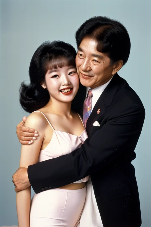 Seoul, 1982, (((1 korean young girl and 1 old korean man facing each other))), {A young korean beautiful girl, 19-year-old, sexy girl, strikingly beautiful, black hair, big breasts, delicate facial features, porcelain skin, red lips, expressive eyes, ((awe and joy expression)),  (high school suit from the 1980s), ((hairstyle of the 1980s)),((pin up style))}, pastel background, (((70 years old korean man wearing business suit))), (((70 years old korean man hugging on korean young girl's chest))),