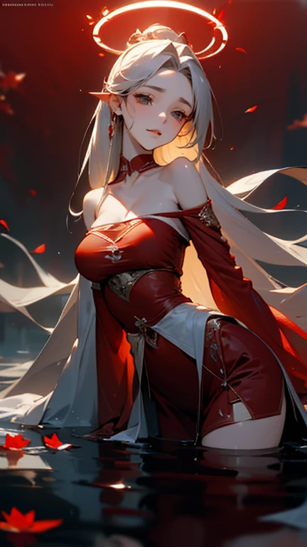 Close-up, looking at the camera, beautiful girl, garlic, flower, (beautiful girl), delicate facial features, detailed portrayal of the corners of the eyes, bust photo, moist lips, sad eyes, long white hair, smooth and delicate skin, ((red clothes)), red long skirt, bare thighs, brilliant and colorful, fantasy art, mysticism, dream scene, dream, dream light, seduction, psychedelic, misty halo, (((night))), ((night)), river bank, full of flowers on the other side, dreamy, flying red tiny petals, Red fluorescent petals, fluorescent flowers, fluorescent flowing water, standing in water, shallow water, master works, extreme detail, dissection correctly, correct limbs, accurate, hud, HD, exquisite details, 8K, red light